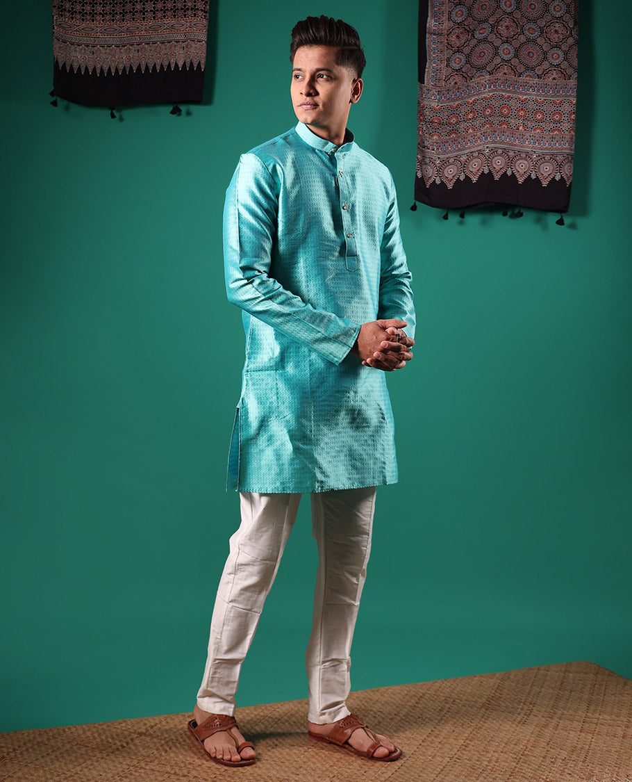 Blue intricate patterns embossed full-sleeved men's kurta