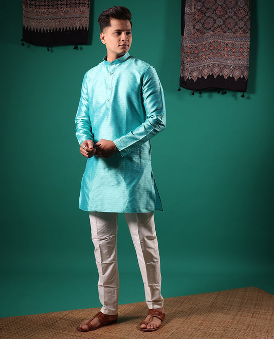 Blue intricate patterns embossed full-sleeved men's kurta
