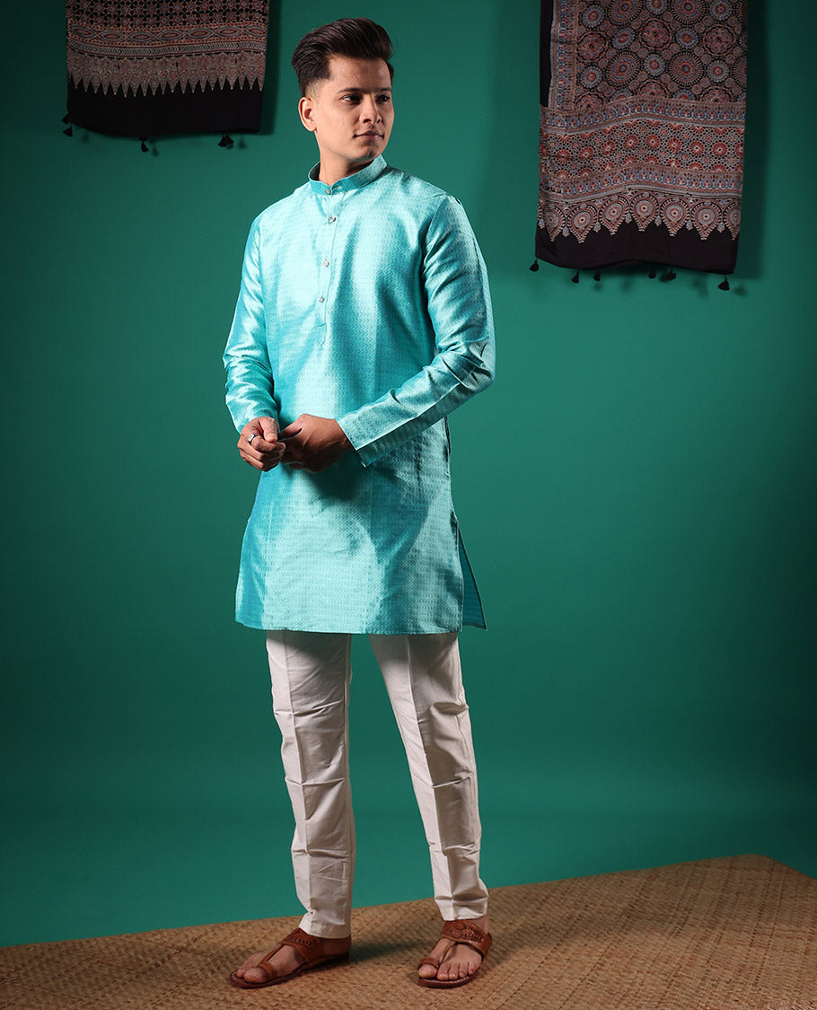 Blue intricate patterns embossed full-sleeved men's kurta