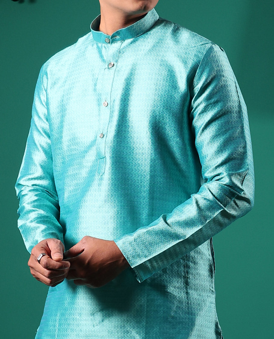Blue intricate patterns embossed full-sleeved men's kurta