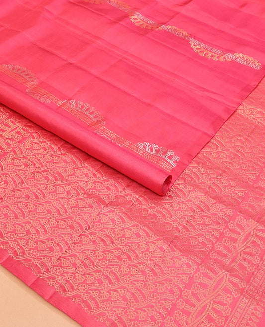 Borderless Pink Mayuri Soft Silk Saree Beautifully Bedecked with Geometric Patterns Woven Across Its Body, Highlighted by a Grandly Woven Pallu of Floral Designs, and Paired with a Matching Blouse