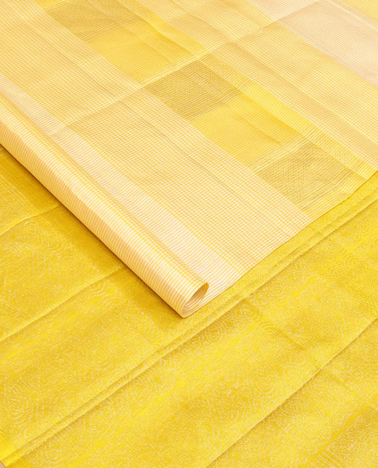 Borderless yellow micro-checked with buttas soft silk saree, sparsely woven pallu