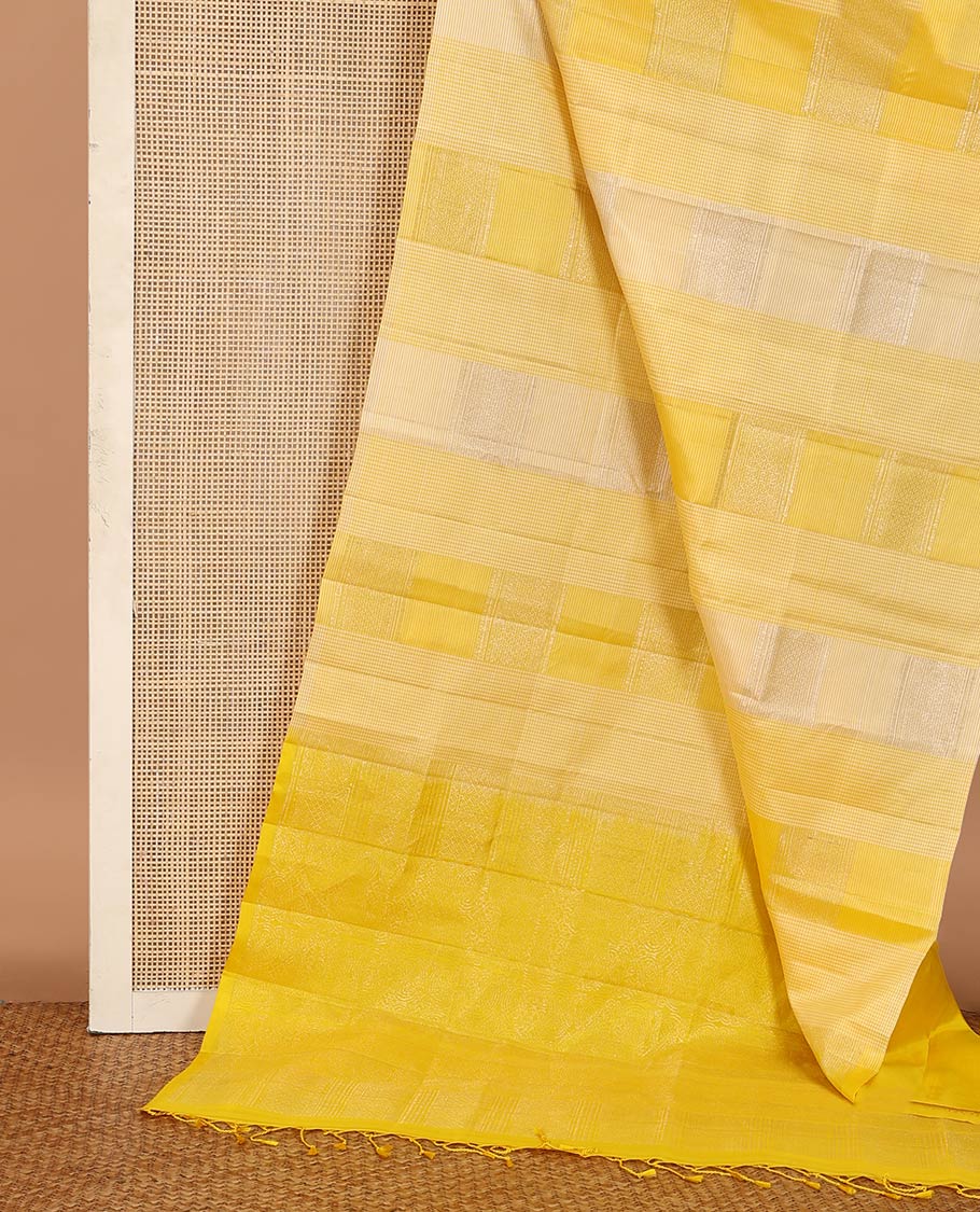 Borderless yellow micro-checked with buttas soft silk saree, sparsely woven pallu