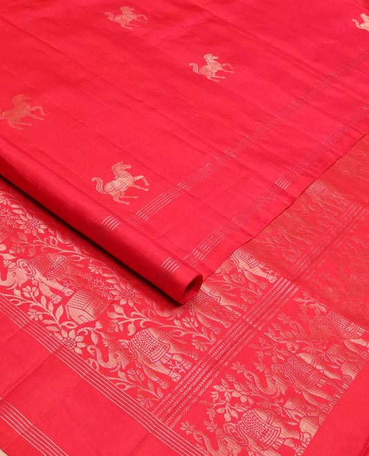 Red kuthirai buttas soft silk saree, zari border, and pallu of floral, house, and elephant motifs