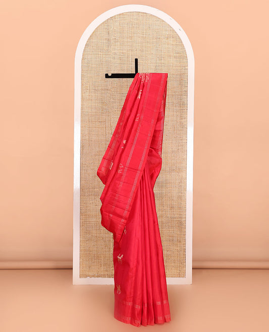 Red kuthirai buttas soft silk saree, zari border, and pallu of floral, house, and elephant motifs