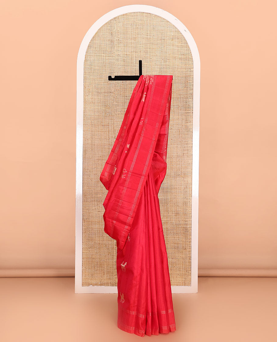 Red kuthirai buttas soft silk saree, zari border, and pallu of floral, house, and elephant motifs