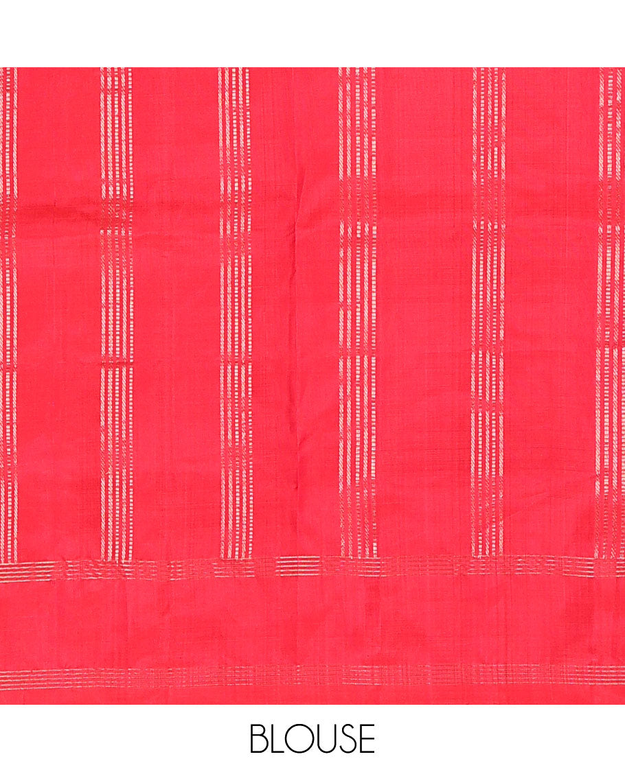 Red kuthirai buttas soft silk saree, zari border, and pallu of floral, house, and elephant motifs