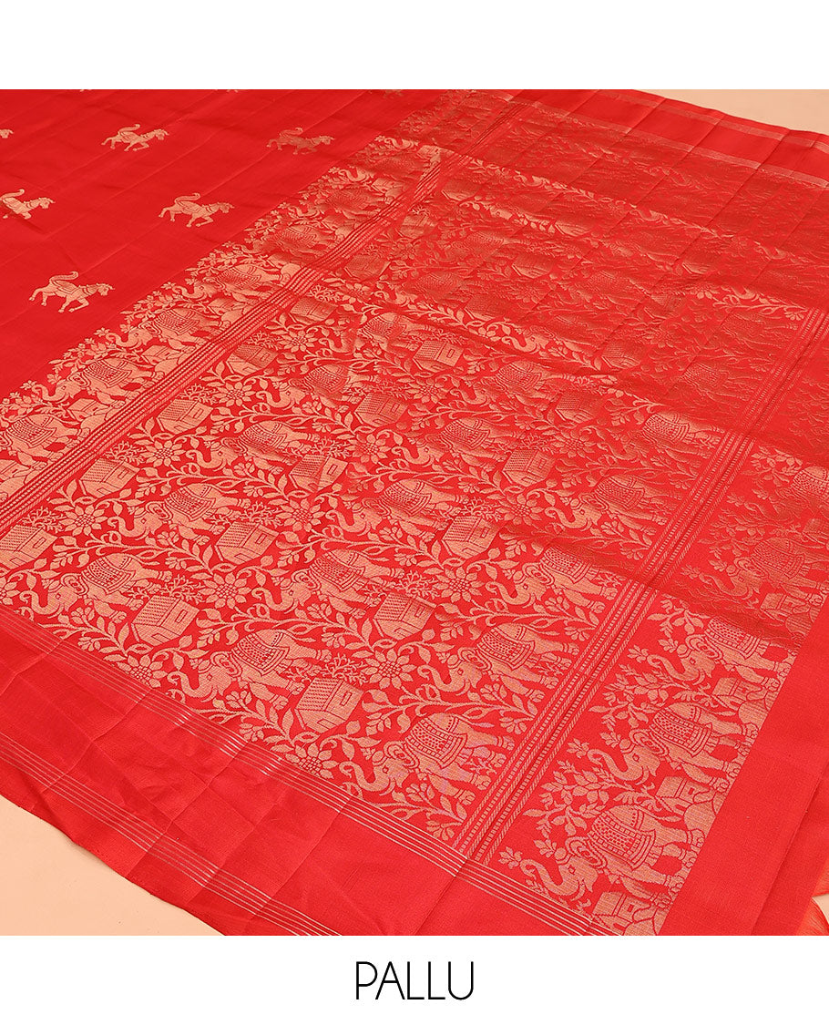 Red kuthirai buttas soft silk saree, zari border, and pallu of floral, house, and elephant motifs