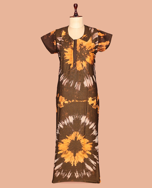 Brown Shibori Cotton-Blended Nighty