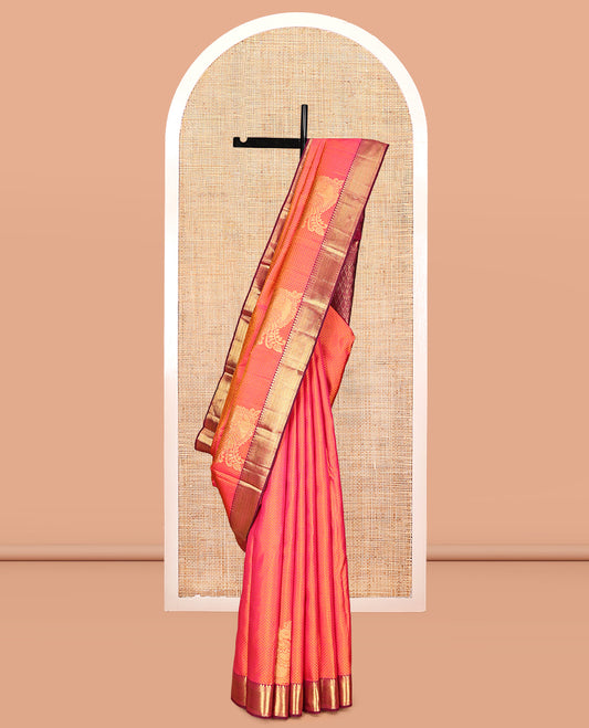 Orange Embossed Parambara Silk Saree, Adorned with Mayil Buttas, a Contrast Border of Thilakam Mokku, Poun, and Vanki Designs, Grand Pallu, and Contrast Blouse