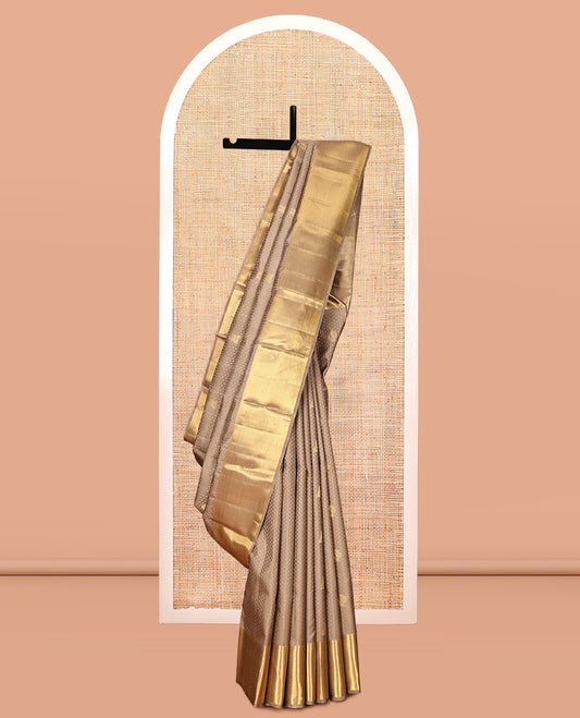 Gold Embossed-Zari Buttas Kanchipuram Silk Saree, a Vanki Zari Border, Grand Pallu, Matching Blouse