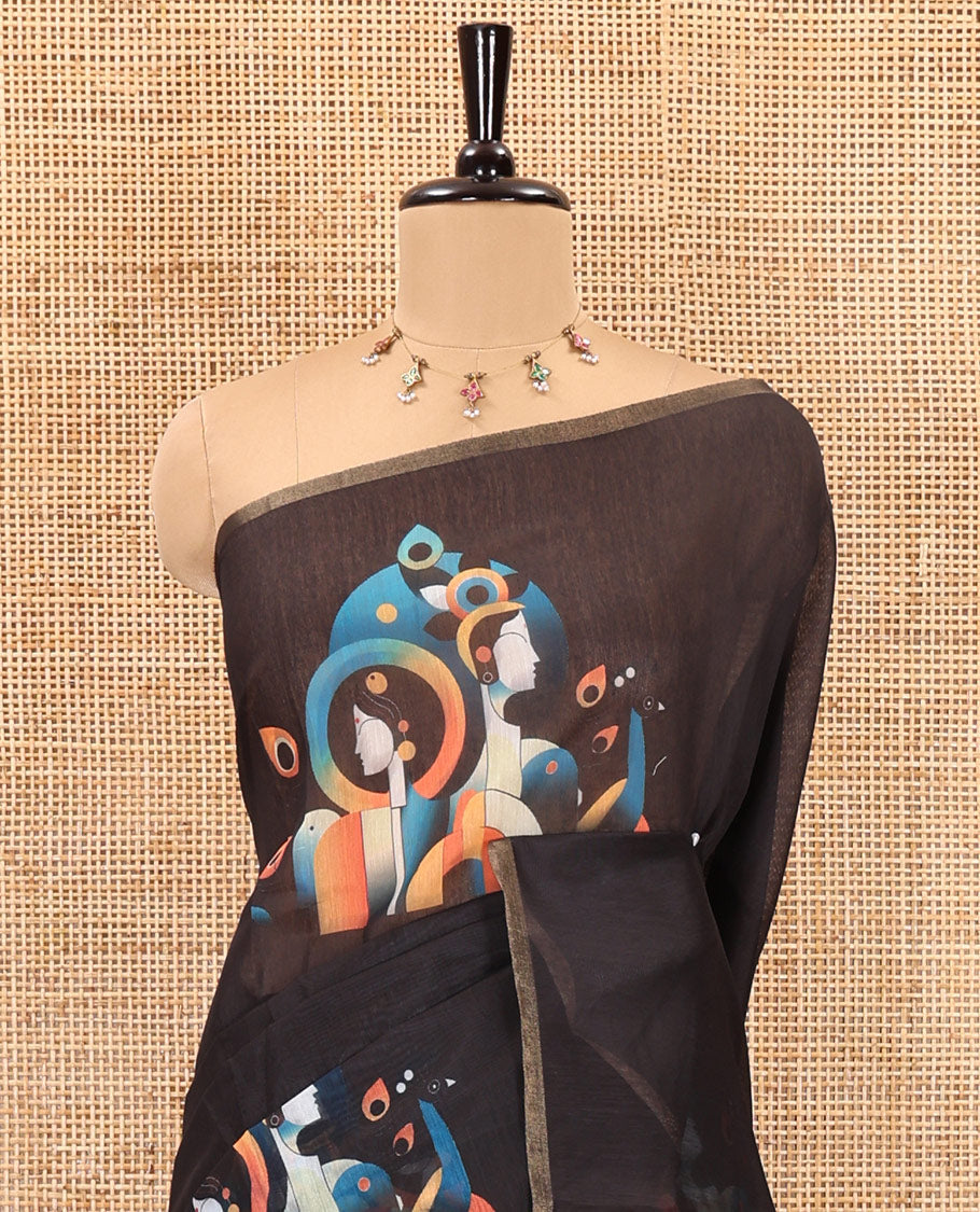 Borderless black modern art style Radha Krishna motifs printed chanderi cotton saree, big Radha Krishna motifs printed pallu and a contrast printed blouse