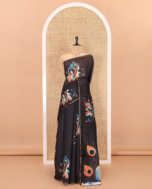 Borderless black modern art style Radha Krishna motifs printed chanderi cotton saree, big Radha Krishna motifs printed pallu and a contrast printed blouse