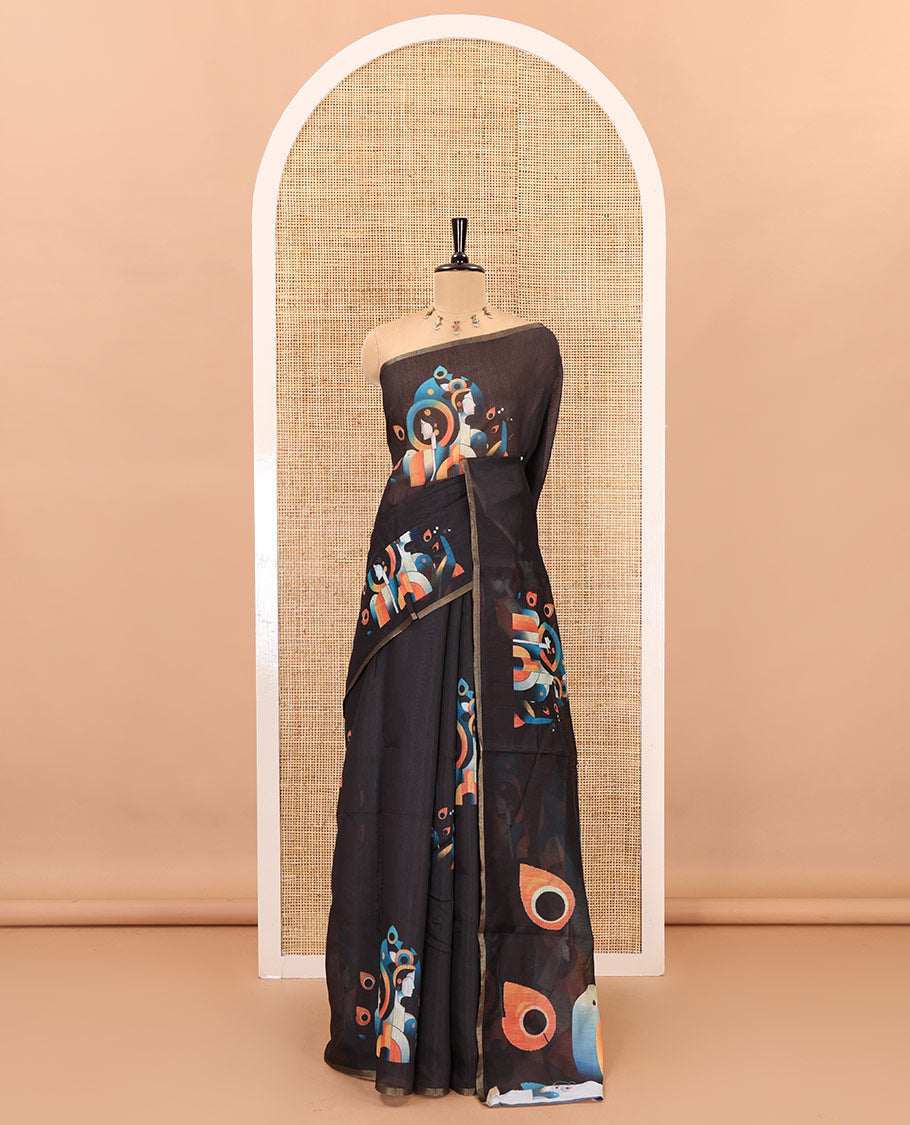 Borderless black modern art style Radha Krishna motifs printed chanderi cotton saree, big Radha Krishna motifs printed pallu and a contrast printed blouse