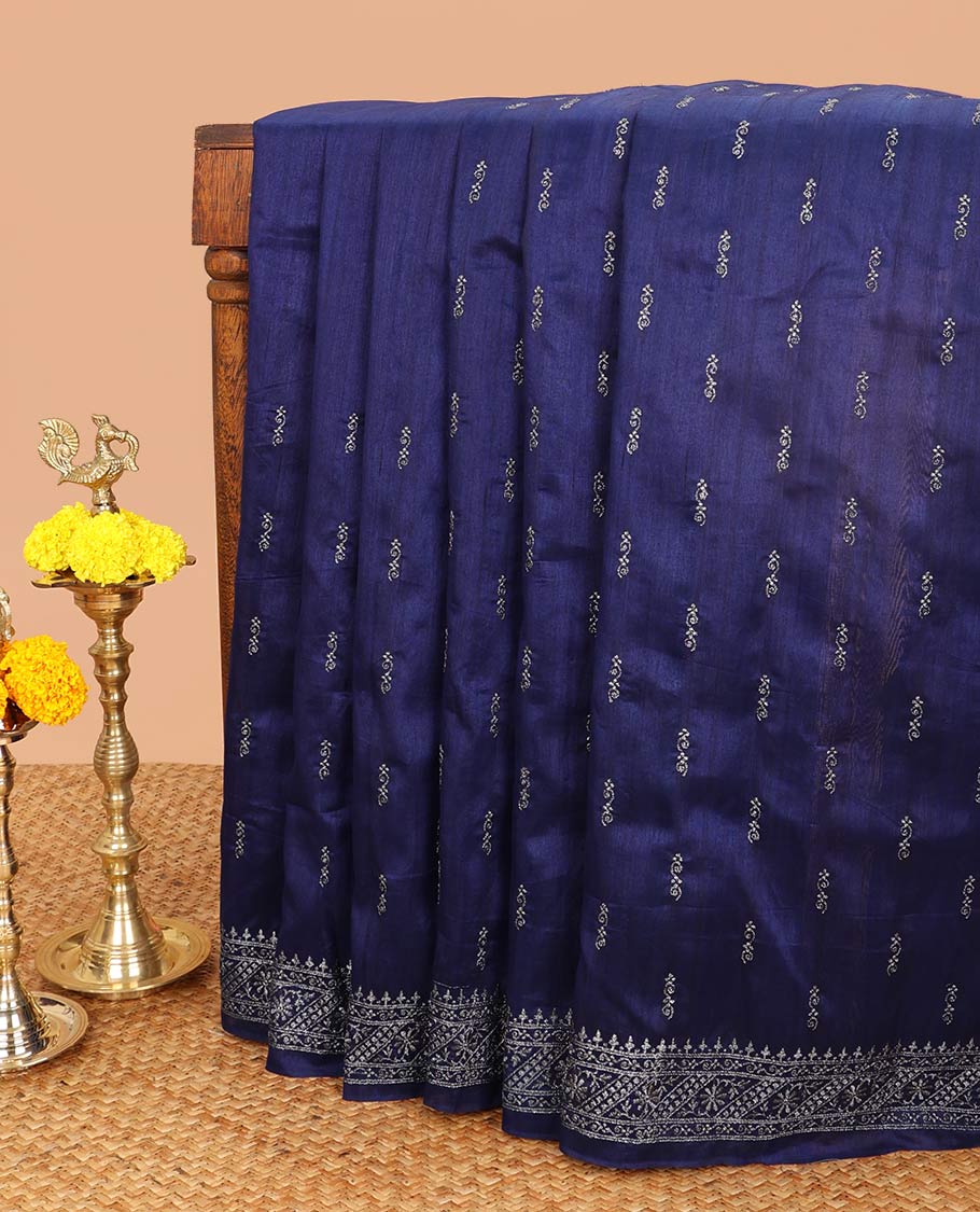Navy blue butta embroidery matka saree with flower design, zari embroidery border & buuta design pallu alogn with plain blouse
