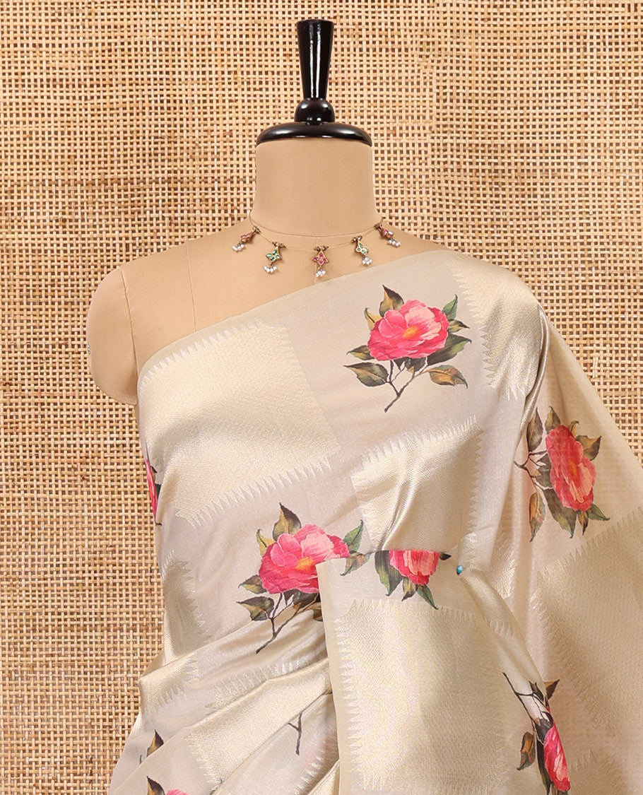 Borderless olive green geometric checks, and floral motifs fancy tussar saree, contrast traditional zari woven pallu, and a contrast zari design blouse