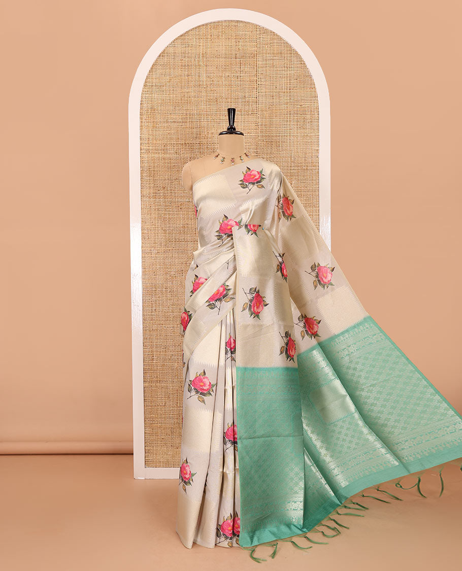 Borderless olive green geometric checks, and floral motifs fancy tussar saree, contrast traditional zari woven pallu, and a contrast zari design blouse