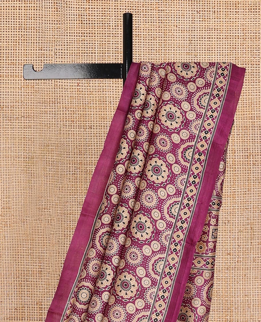 Purple Ajrakh-style printed silk saree, self-border, and pallu features Ajrakh-style print