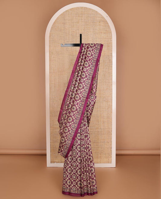 Purple Ajrakh-style printed silk saree, self-border, and pallu features Ajrakh-style print