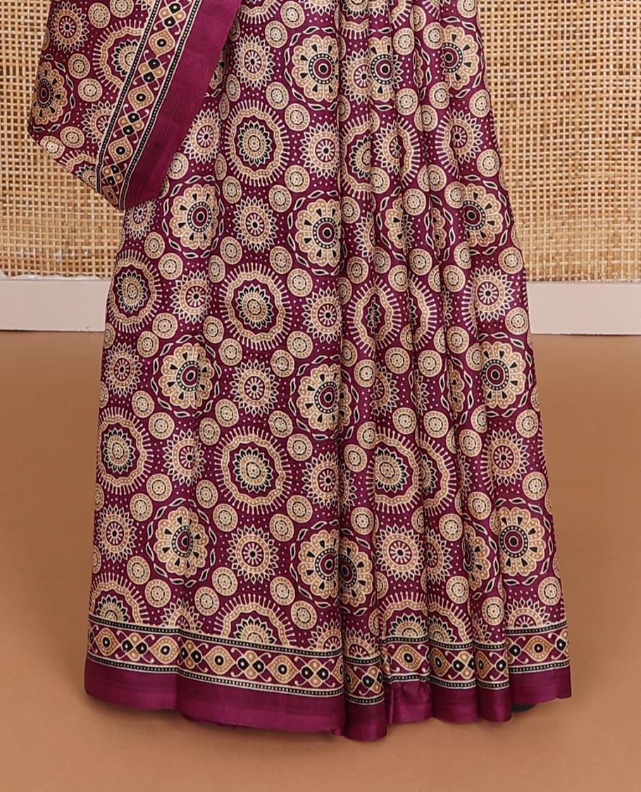 Purple Ajrakh-style printed silk saree, self-border, and pallu features Ajrakh-style print