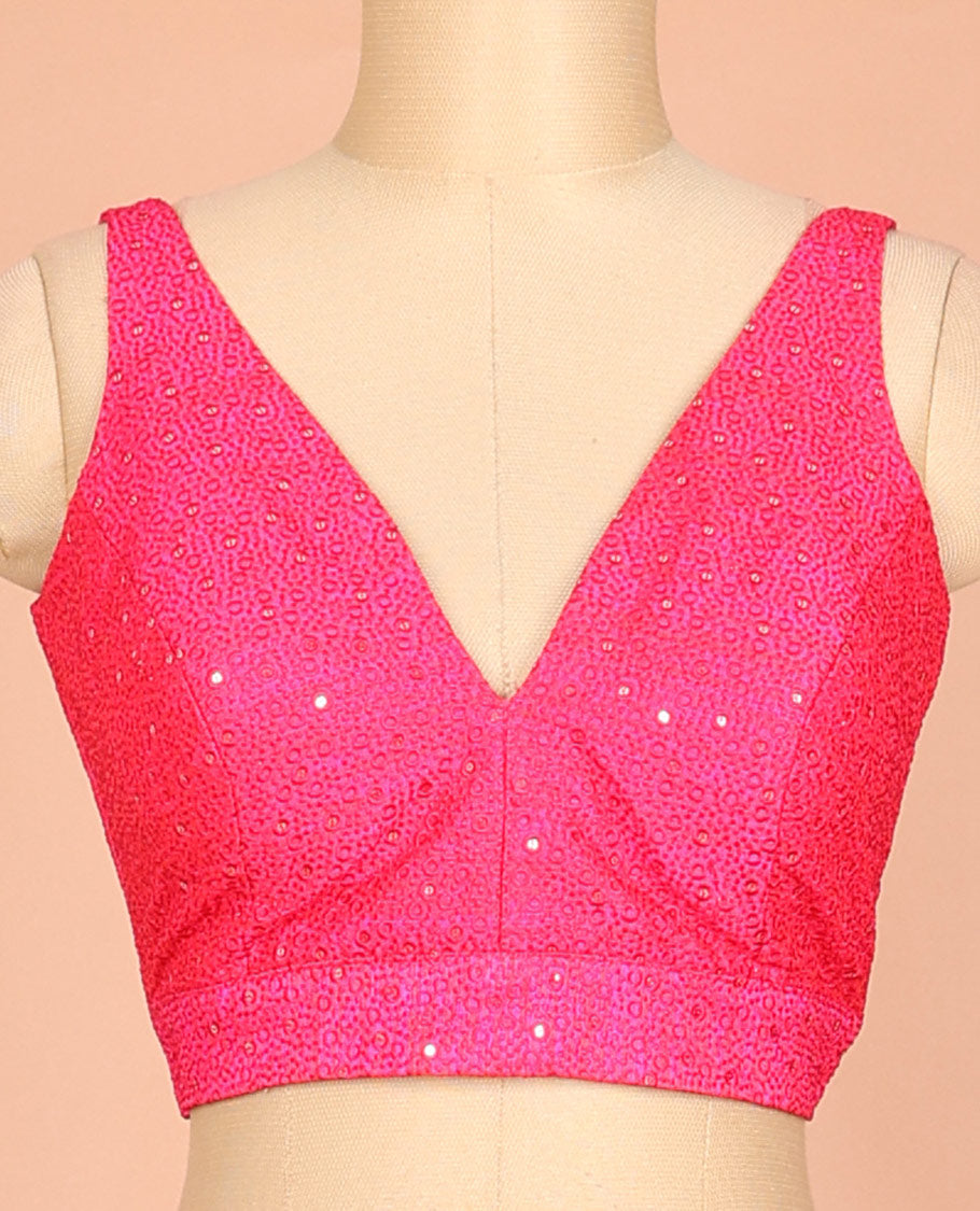 Pink embossed thread embroidery & sequins work sleeveless readymade blouse with deep-V front neck & round back neck