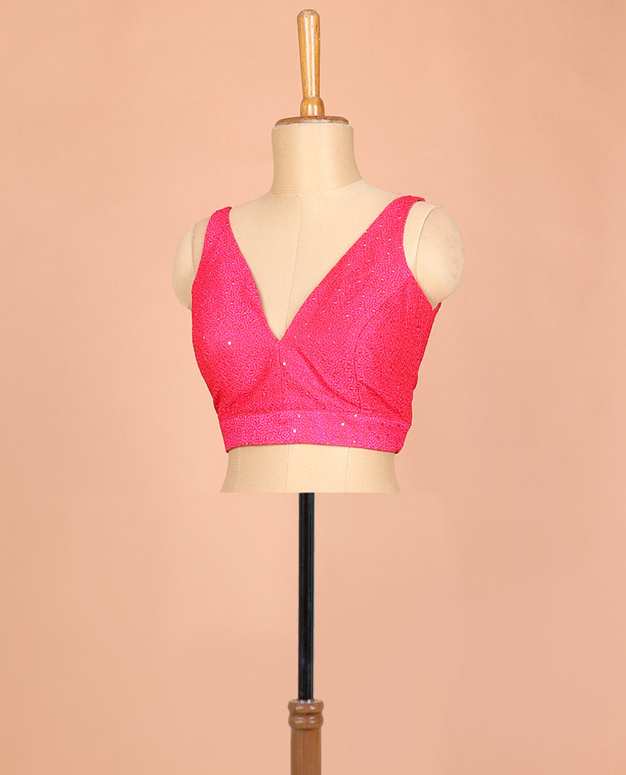 Pink embossed thread embroidery & sequins work sleeveless readymade blouse with deep-V front neck & round back neck