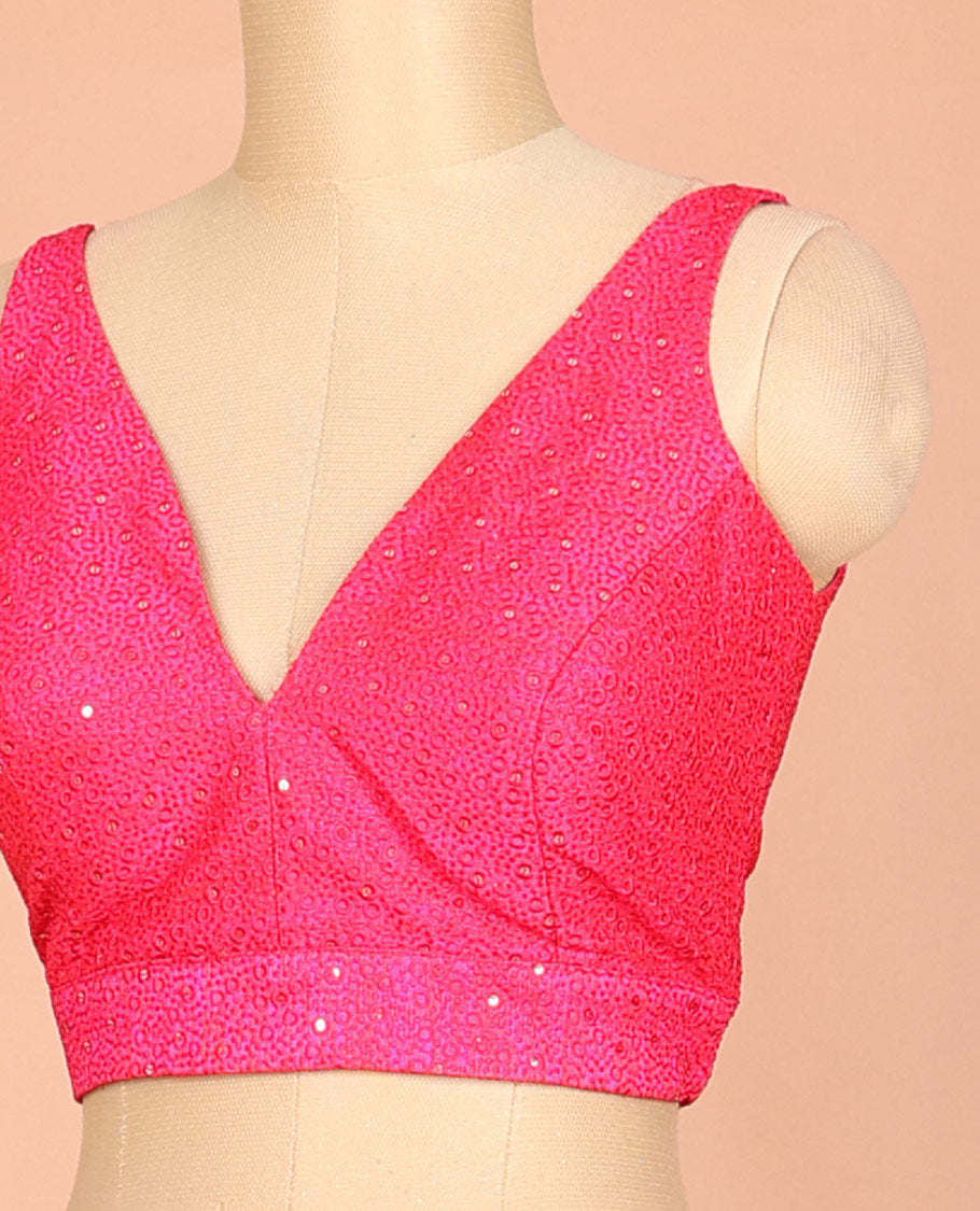 Pink embossed thread embroidery & sequins work sleeveless readymade blouse with deep-V front neck & round back neck