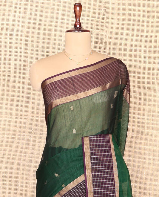 Green Silk Cotton Saree, Enriched with Zari Buttas, Complemented by a Contrast Checked Border, Intricately Designed Pallu, and a Contrast Blouse
