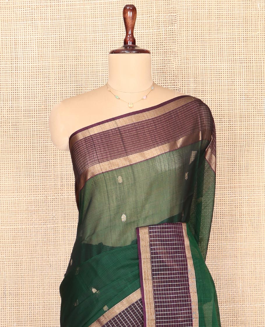 Green Silk Cotton Saree, Enriched with Zari Buttas, Complemented by a Contrast Checked Border, Intricately Designed Pallu, and a Contrast Blouse
