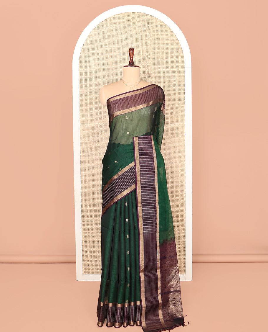 Green Silk Cotton Saree, Enriched with Zari Buttas, Complemented by a Contrast Checked Border, Intricately Designed Pallu, and a Contrast Blouse