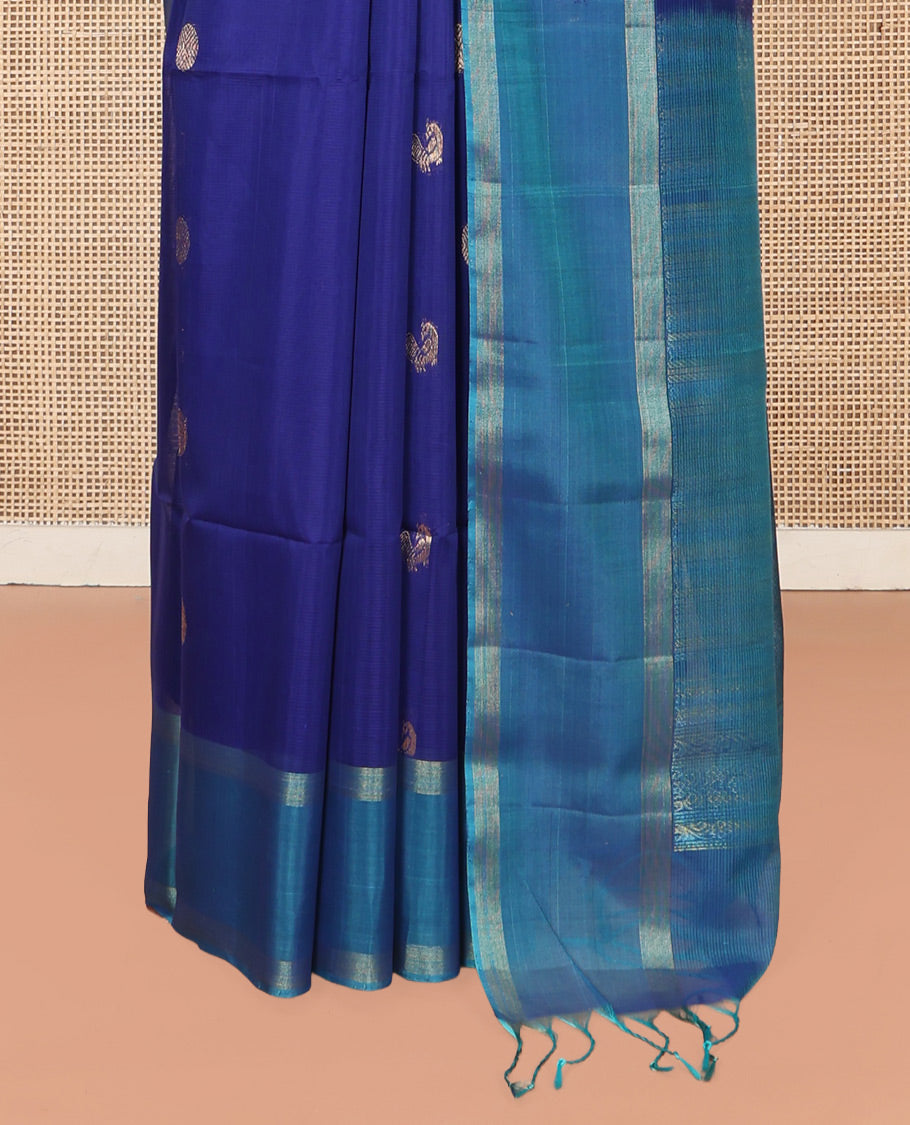 Blue Silk Cotton Saree, Artfully Woven with Peacock and Rudraksham Motifs On Its Body, Complemented by Contrast Zari Motifs Woven Border, Geometric Zari Patterned Pallu and Paired with a Contrast Blouse