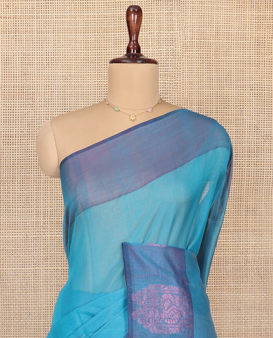 Blue Silk Saree, Subtly Woven with Buttas All Over Its Body,  Complemented by Contrast Peacock Charriot Motifs Woven Border, Temple Design Pallu and Paired with a Contrast Blouse