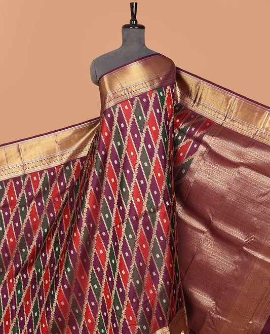 Multi-color ragkat-style annam chakra jacquard silk saree, contrast border of salangai,muthu,kathir,chakra & kuyil kann & geometric patterned pallu