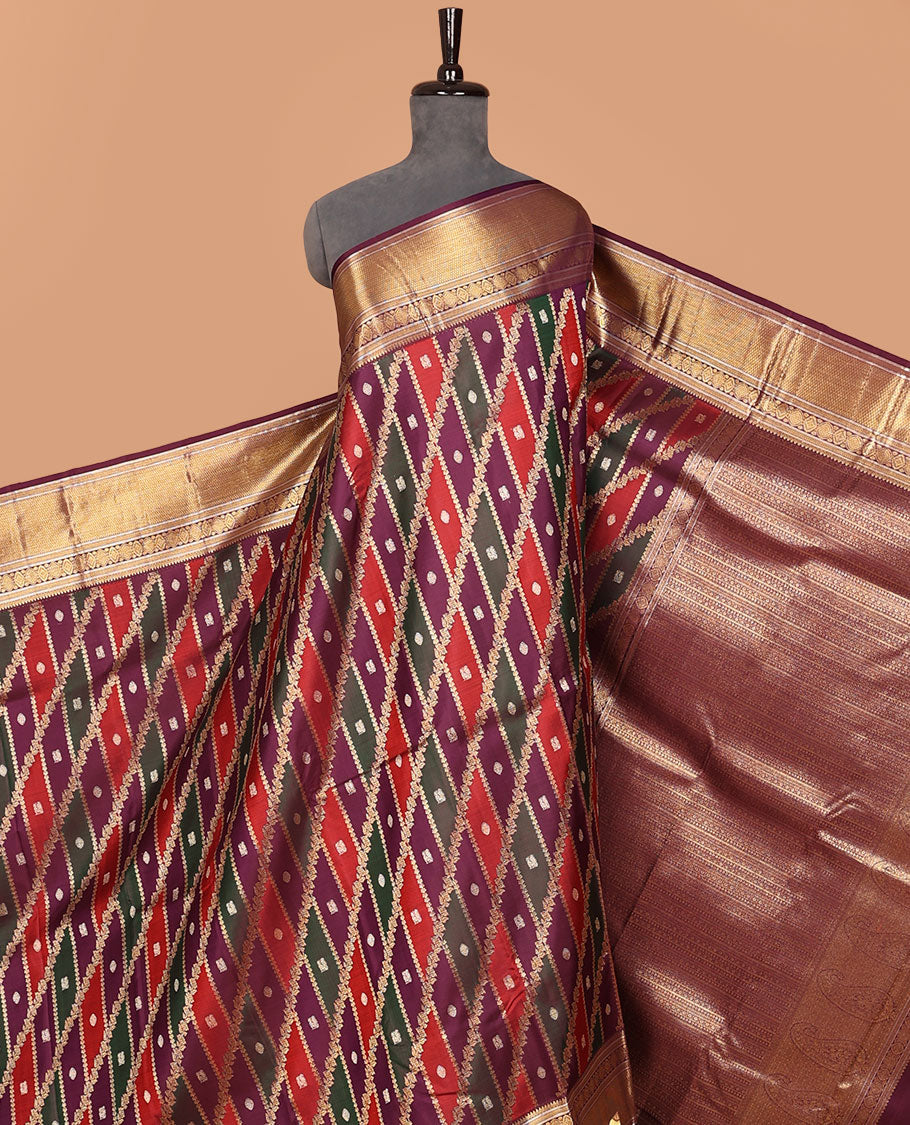 Multi-color ragkat-style annam chakra jacquard silk saree, contrast border of salangai,muthu,kathir,chakra & kuyil kann & geometric patterned pallu
