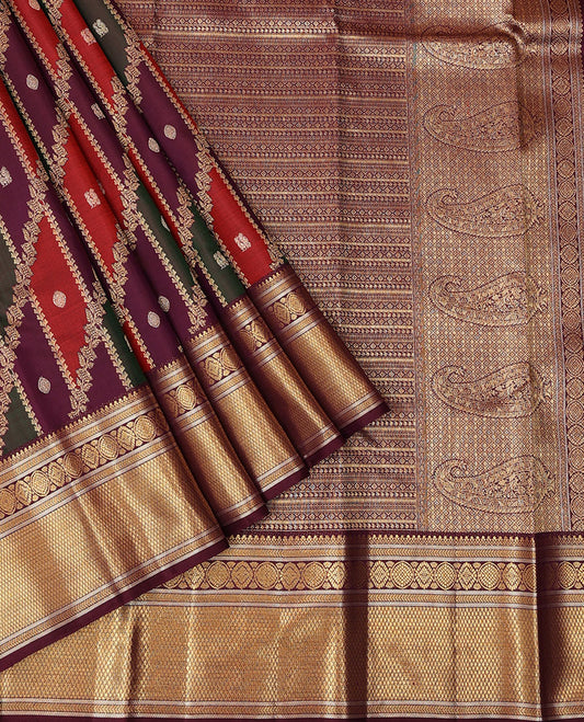 Multi-color ragkat-style annam chakra jacquard silk saree, contrast border of salangai,muthu,kathir,chakra & kuyil kann & geometric patterned pallu