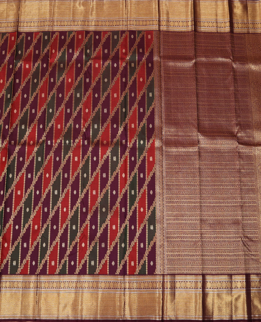 Multi-color ragkat-style annam chakra jacquard silk saree, contrast border of salangai,muthu,kathir,chakra & kuyil kann & geometric patterned pallu