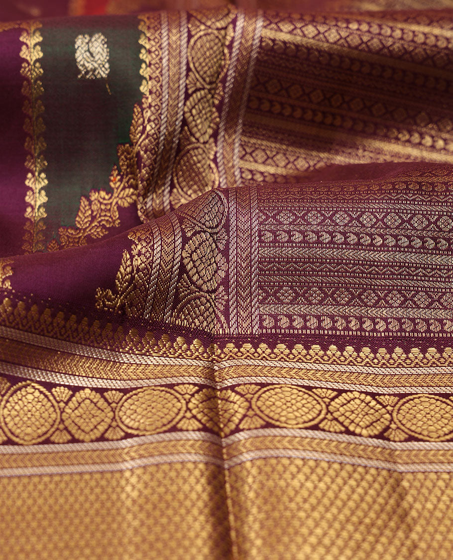 Multi-color ragkat-style annam chakra jacquard silk saree, contrast border of salangai,muthu,kathir,chakra & kuyil kann & geometric patterned pallu