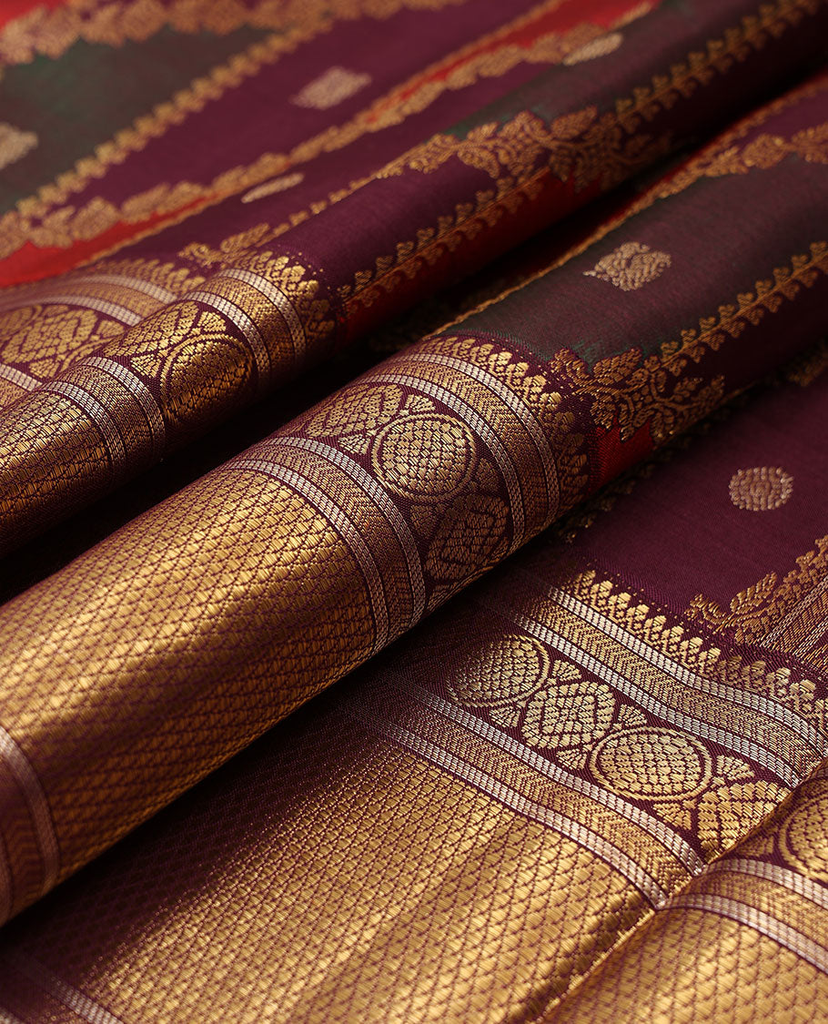 Multi-color ragkat-style annam chakra jacquard silk saree, contrast border of salangai,muthu,kathir,chakra & kuyil kann & geometric patterned pallu