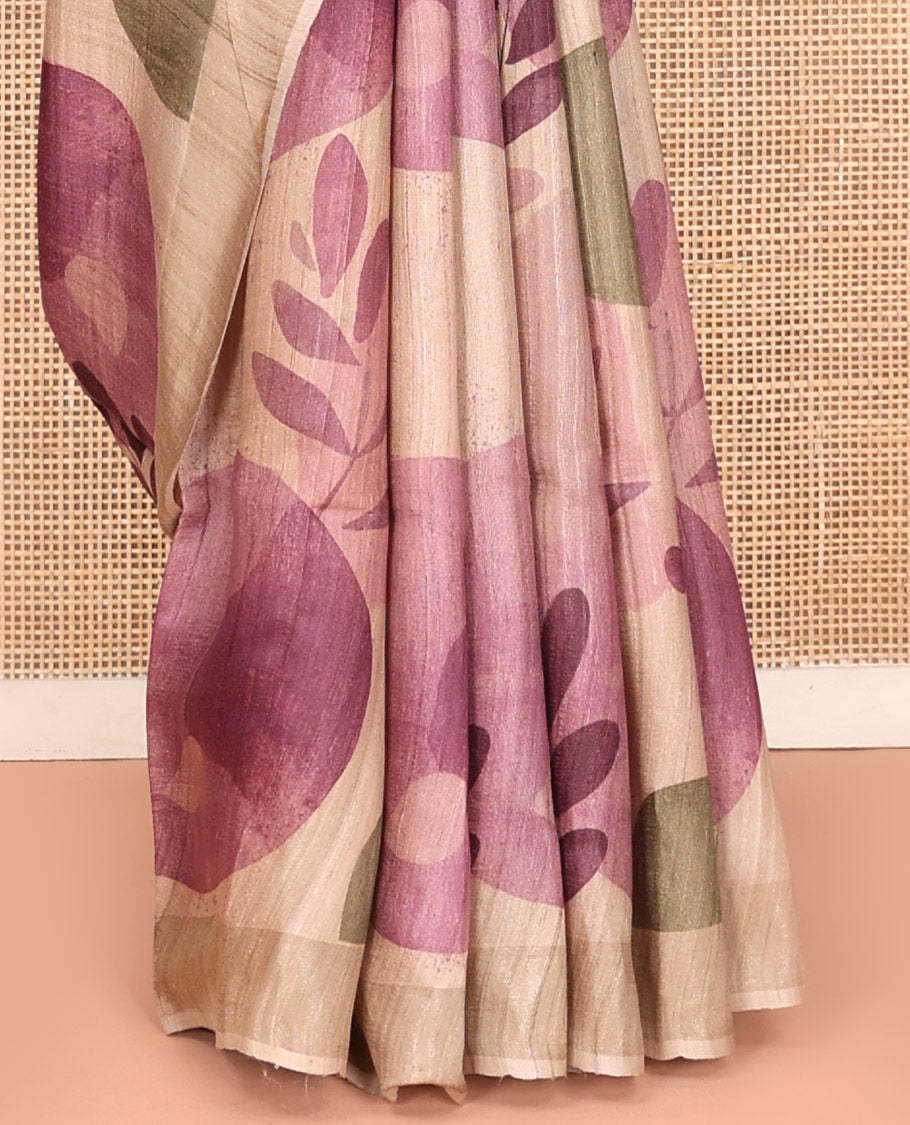 Sandal Tussar Silk Saree, Bedecked with Floral and Circle Motifs Print on Its Body, a Subtle Border, Heathered Pallu, and Paired with a Matching Blouse