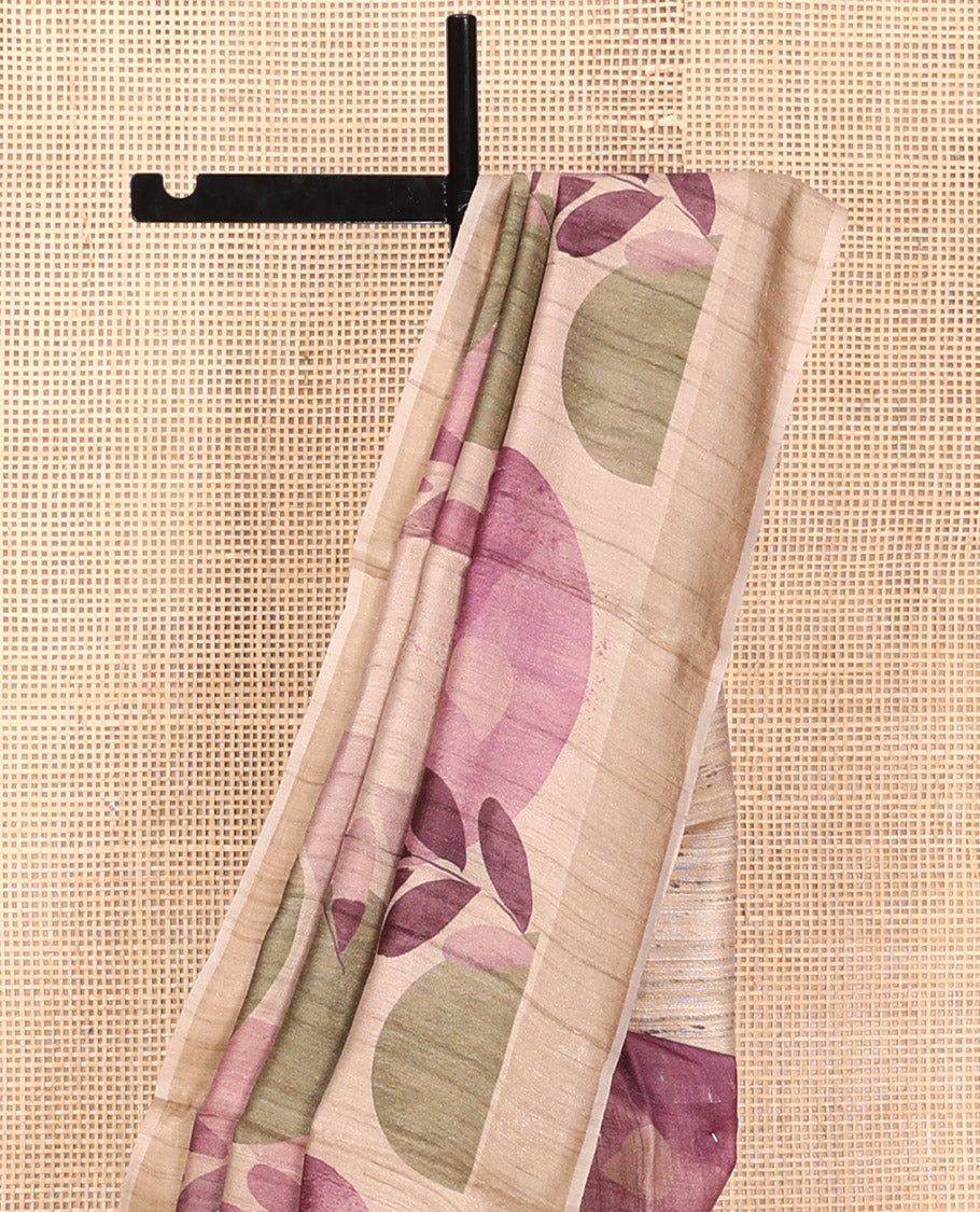 Sandal Tussar Silk Saree, Bedecked with Floral and Circle Motifs Print on Its Body, a Subtle Border, Heathered Pallu, and Paired with a Matching Blouse