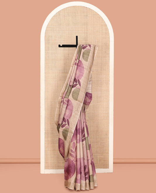 Sandal Tussar Silk Saree, Bedecked with Floral and Circle Motifs Print on Its Body, a Subtle Border, Heathered Pallu, and Paired with a Matching Blouse