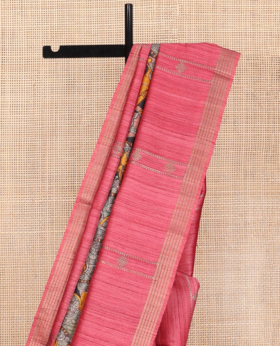 Pink Tussar Silk Saree, Boldly Accentuated with Kalamkari Human Figurines Print, Self-Border, Printed Pallu, and a Contrast-Printed Blouse