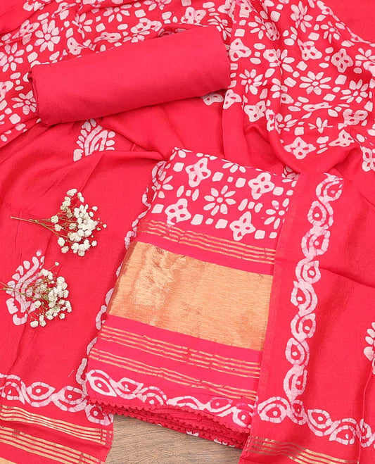 Pink Material Chudidar Set, Adorned with Batik Printed Chanderi Cotton Top, a Plain Cotton Bottom, and Paired with Batik Printed Chanderi Cotton Dupatta