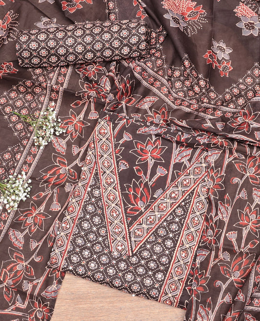Brown Cotton Material Churidar Set, Bedecked with Floral Printed and V-Neck Top, Printed Bottom, and a Floral Printed Dupatta