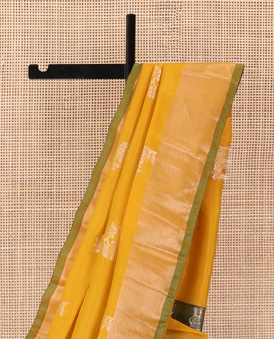 Yellow floral zari buttas Uppada saree, contrast bavanji border, and ogee patterned pallu