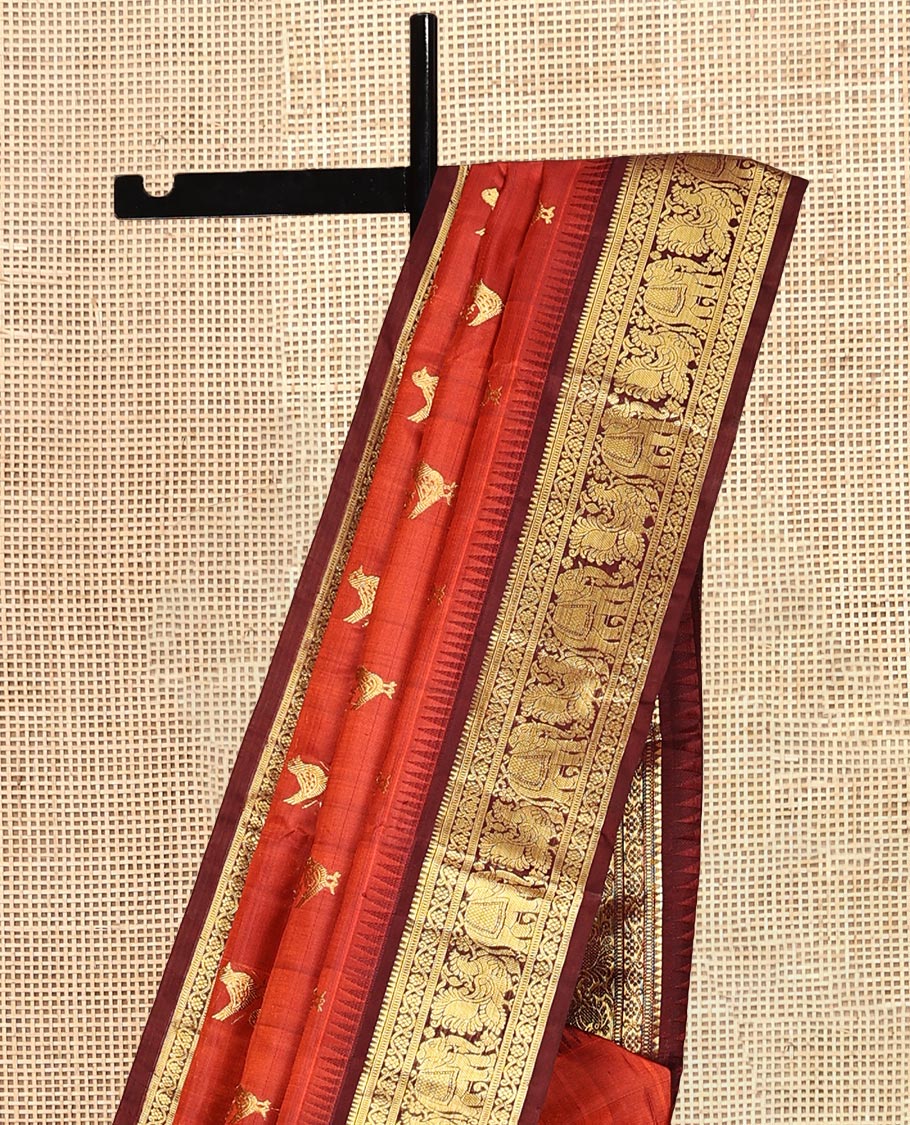 Rust Bird Buttas Venkatagiri Silk Saree, a Contrast Traditional Border, Jaal Pallu, Contrast Blouse