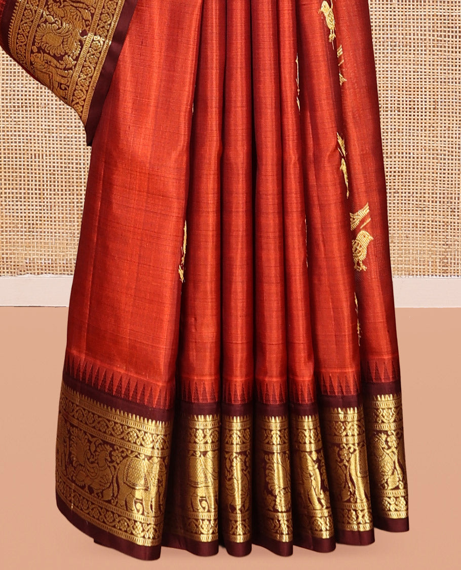 Rust Bird Buttas Venkatagiri Silk Saree, a Contrast Traditional Border, Jaal Pallu, Contrast Blouse