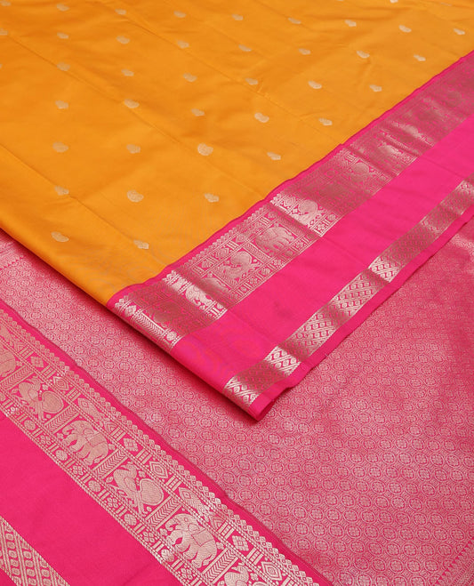Yellow zari buttas Vasundhara elite silk saree, contrast intricate pallu & rettai pettu border of salngai,meen,mayil & yaanai