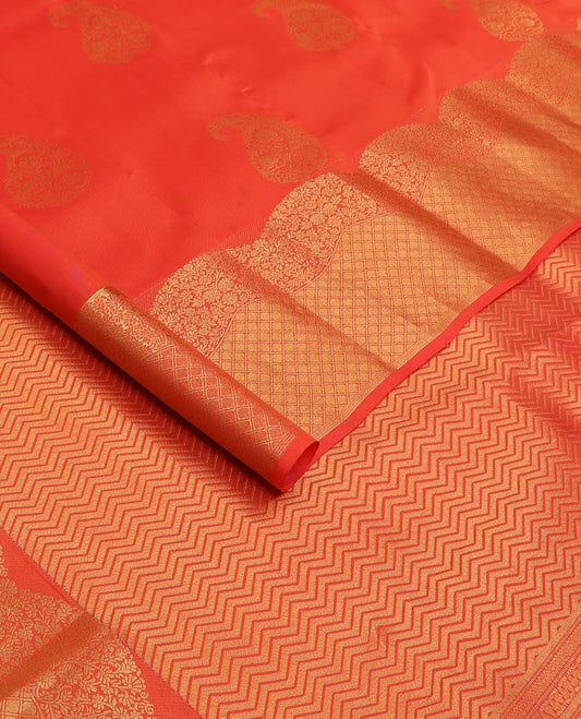 Orange manga buttas Vasundhara silk mix saree, scallop floral vine border of jaal design, and vanki design pallu