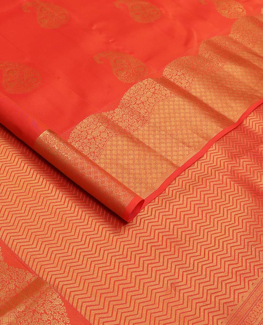 Orange manga buttas Vasundhara silk mix saree, scallop floral vine border of jaal design, and vanki design pallu
